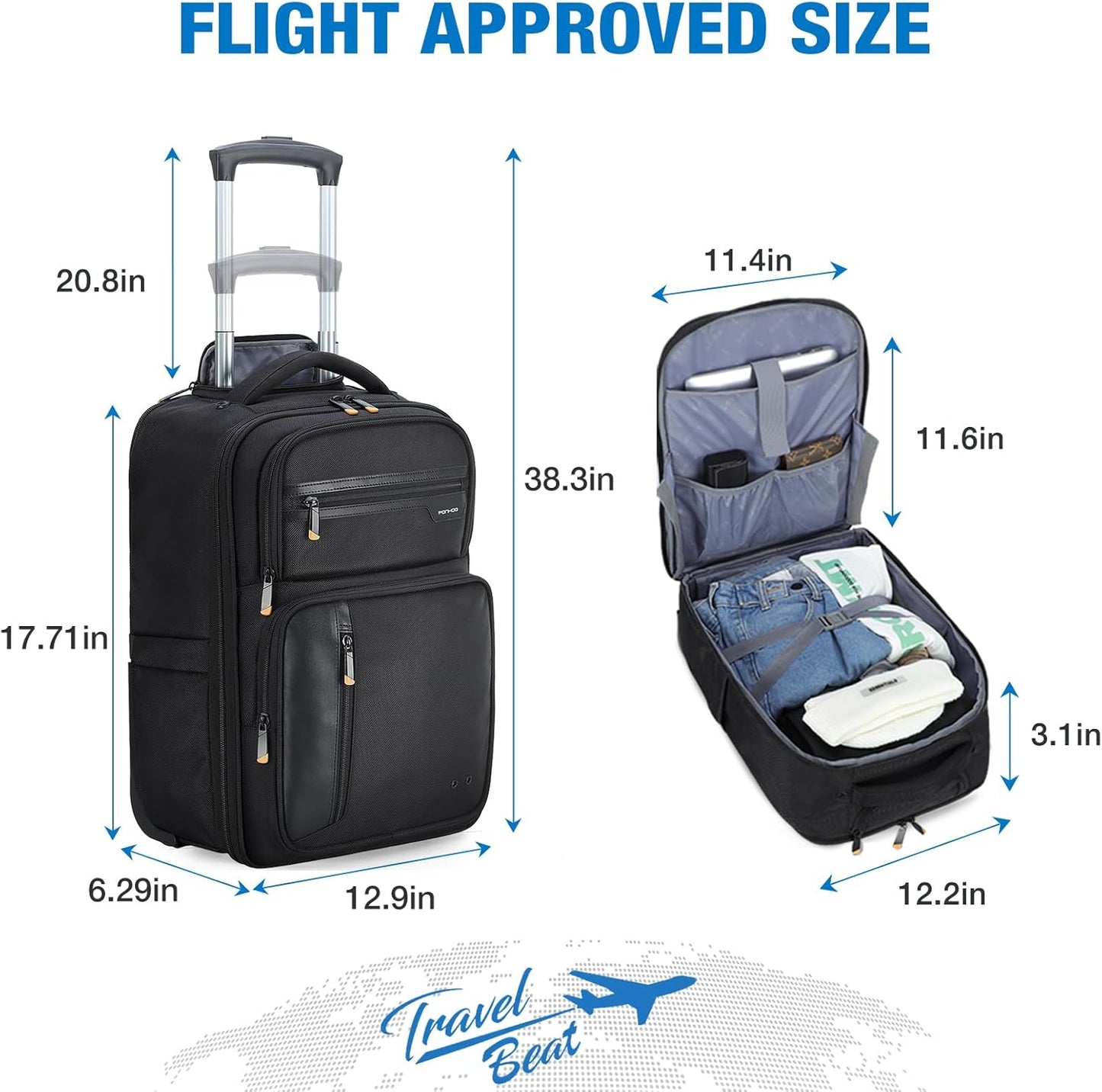 Rolling Backpack, 15.6 inch Laptop Backpack with Wheels, Flight Approved Water Resistant Underseat Carry on Lugagge Wheeled Bag for Men Women Adults, Black