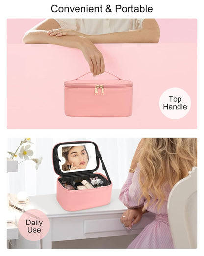 Makeup Bag With LED Mirror, Travel Makeup Bag With 3 Color Setting Light Up Mirror Cosmetic Makeup Organizer Vanity Case for Women Beauty Tools Accessories Rechargeable Makeup Travel Bag - Pink