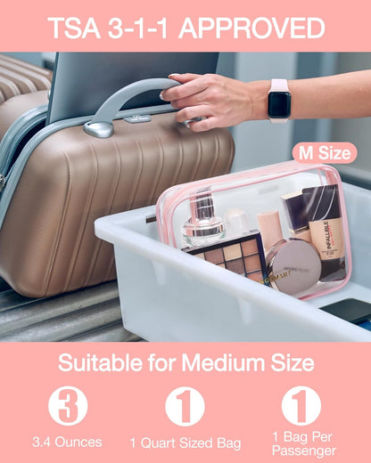 BAGSMART Clear Toiletry Bag, 2 Packs TSA Approved Water Resistant Quart Size Travel Organizer, 2 Sizes Airport Airline Travel Essential Carry On Makeup Cosmetic Bags for Women, Pink