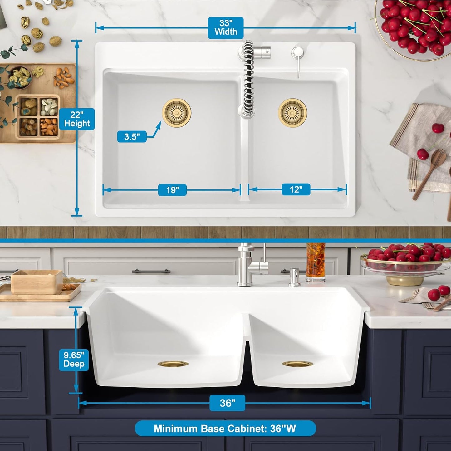 33 Inch Double Bowl White Kitchen Sinks 33x22 Granite Composite Dorp In 60/40 Basin with Luxury Accessories Quartz Workstation Sinks with Noise Reduction Durable and Hard Gold Accessoris Sink