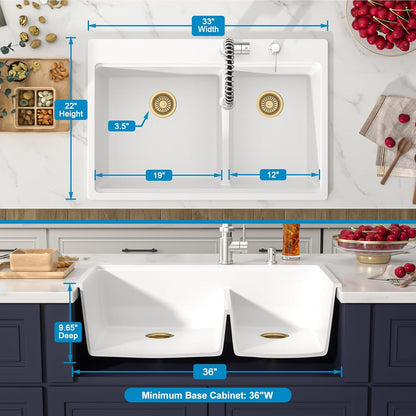 33 Inch Double Bowl White Kitchen Sinks 33x22 Granite Composite Dorp In 60/40 Basin with Luxury Accessories Quartz Workstation Sinks with Noise Reduction Durable and Hard Gold Accessoris Sink