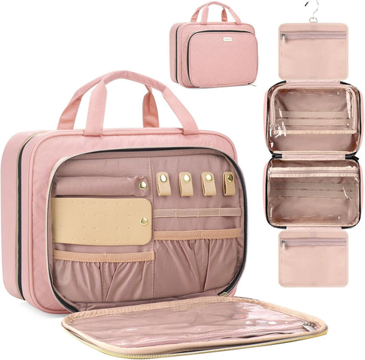 8L Travel Toiletry Bag with Jewelry Organizer for Women - 2.1 GAL Water-resistant Makeup Cosmetic Bag With Hanging Hook for Accessories Shampoo Full-size Container, Pink