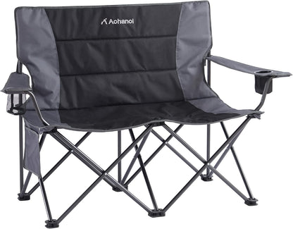 Oversized Double Camping Chairs for Adults, 2 Person Padded Folding Camp Chairs with 2 Cup Holders, Side Pocket for Outside, Picnic, Lawn, Big Heavy Duty Outdoor Loveseat, Black
