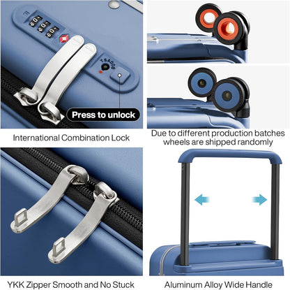 mixi Carry On Luggage Wide Handle Luxury Design Rolling Travel Suitcase PC Hardside with Aluminum Frame Hollow Spinner Wheels, with Cover, 20 inch, Sapphire Blue