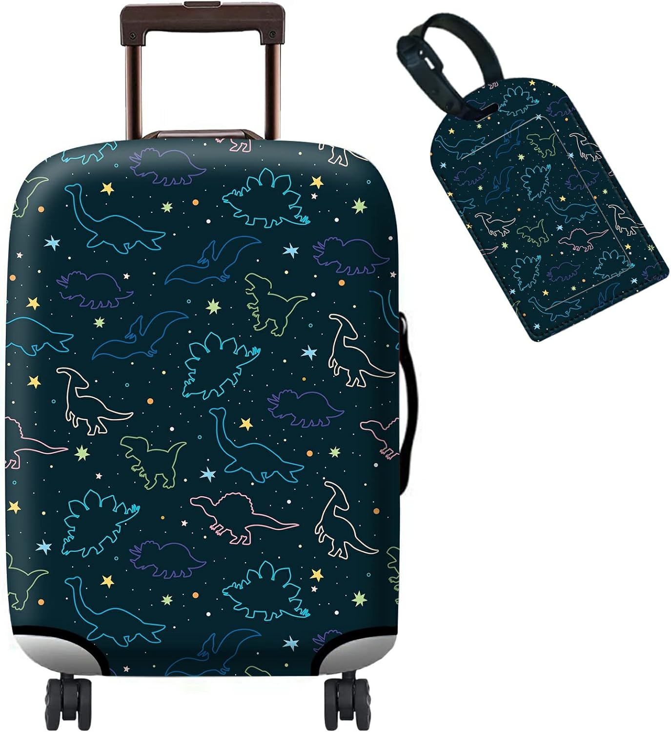 Luggage Cover Suitcase Protector Plus 1 Tag, Dinosaurs Space Travel Suitcase Cover for 18-20 inch Luggage (S) with Concealed Zipper Washable Elastic Cloth Dustproof Anti-Scratch