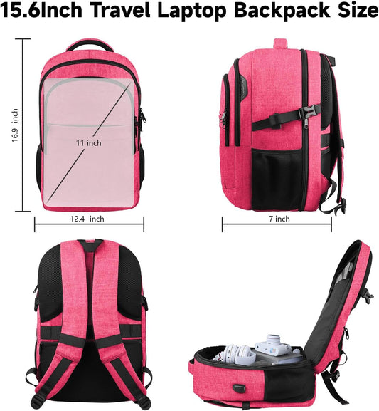Lapsouno Travel Laptop Backpack, 15.6 Inch Travel Laptop Backpack, Water Resistant Casual Hiking Daypack, Computer Bag with USB Port, College School Business Backpack for Women, Pink