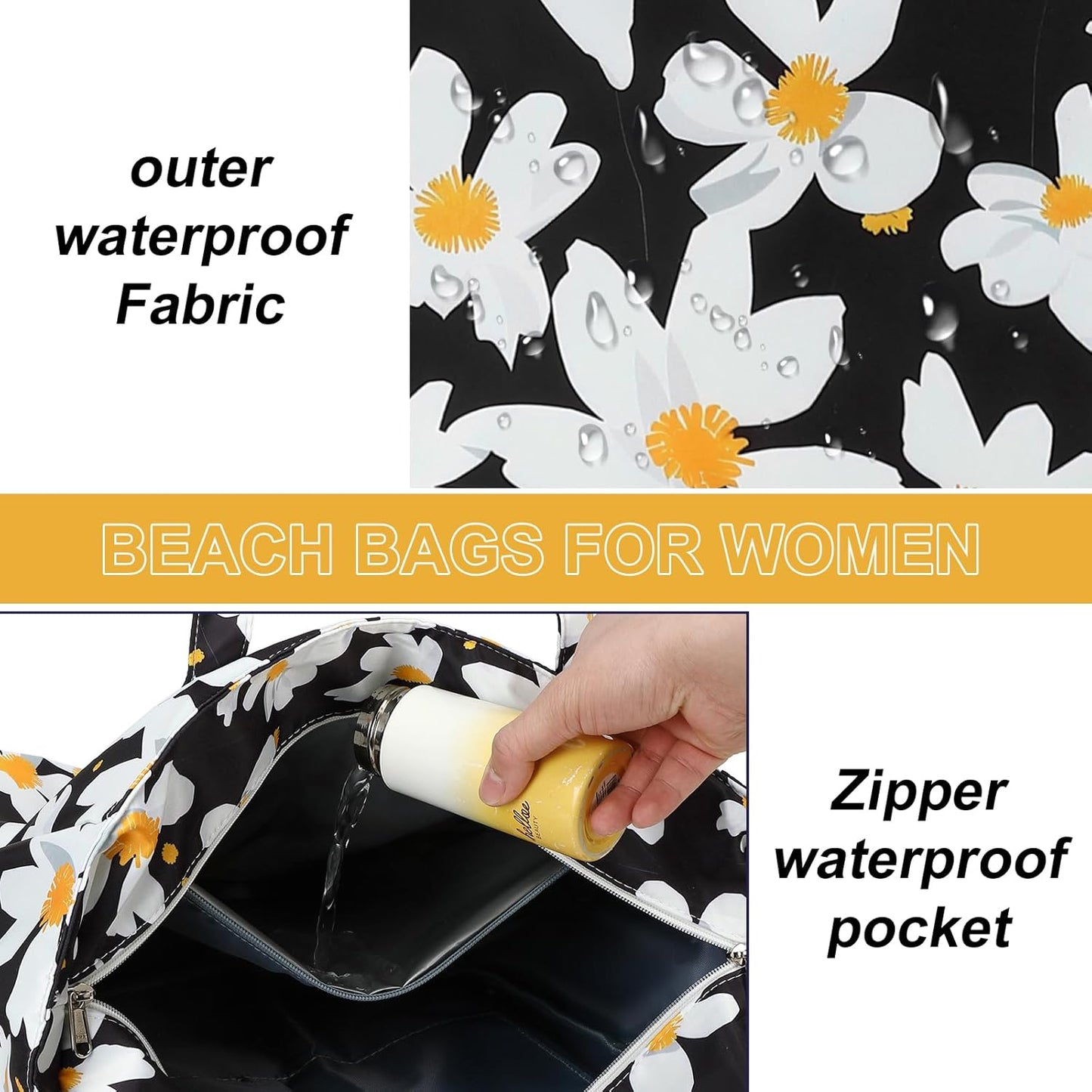 LEDAOU Beach Bag Waterproof Sandproof Women Tote Bag Pool Bag with Zipper for Gym Grocery Travel with Wet Pocket