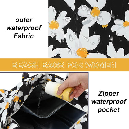 LEDAOU Beach Bag Waterproof Sandproof Women Tote Bag Pool Bag with Zipper for Gym Grocery Travel with Wet Pocket
