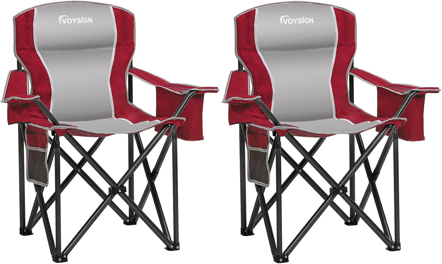 Padded Camping Chairs for Adults, Oversized Folding Outdoor Chairs, Weight Capacity 475lbs, with Cooler Bag, Cup Holder, Storage Pocket Carry Bag (Red - 2 Pack)