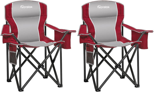 Padded Camping Chairs for Adults, Oversized Folding Outdoor Chairs, Weight Capacity 475lbs, with Cooler Bag, Cup Holder, Storage Pocket Carry Bag (Red - 2 Pack)