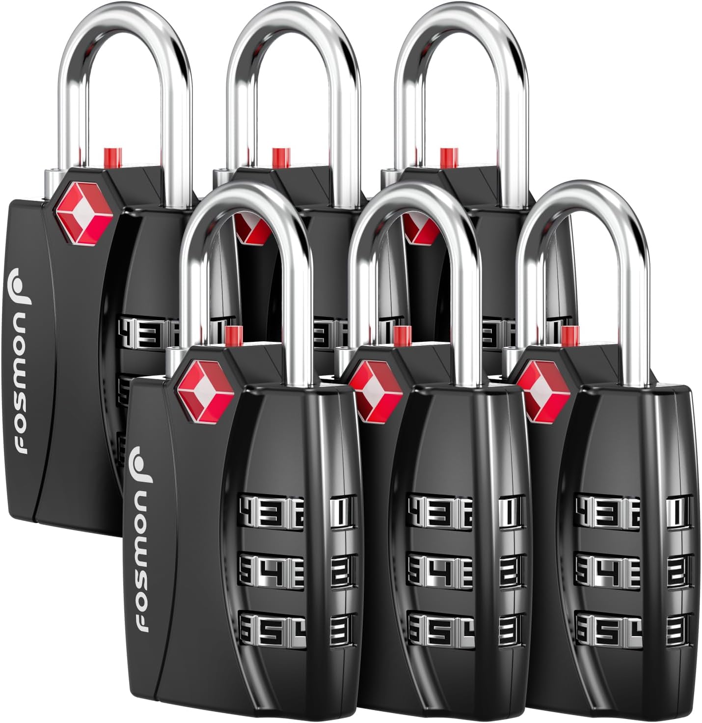 Fosmon Luggage Locks TSA Approved 6 Pack, Suitcase Locks with Open Alert Indicator, 3 Digit Combination Padlock with Alloy Body for Travel, Backpack Zipper Anti Theft, Locker, Gym, Gun Case- Black