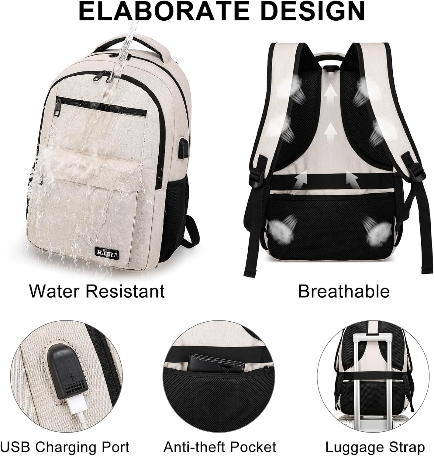 School Backpack for Teen Girls, Laptop Backpack 15.6 Inch with USB Charging Port, Sturdy Beige College Bookbag