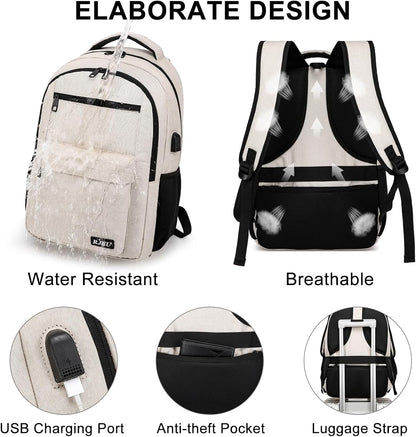 School Backpack for Teen Girls, Laptop Backpack 15.6 Inch with USB Charging Port, Sturdy Beige College Bookbag