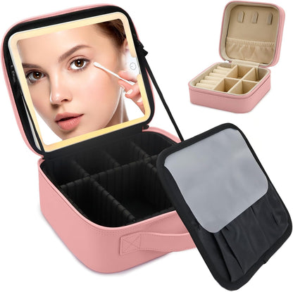 Makeup Bag with Led Mirror,Travel Makeup Organizer with 3 Color Setting & Jewelry storage box, Portable Storage and Adjustable Dividers Travel Makeup Bag(Pink)