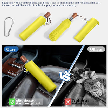 3T Wind Armor Travel Umbrella Compact Easy Auto Open Close Folding Umbrellas for Rain Windproof Umbrella for Women and Men Durable Real Wood Handle Portable Fits Backpack Car