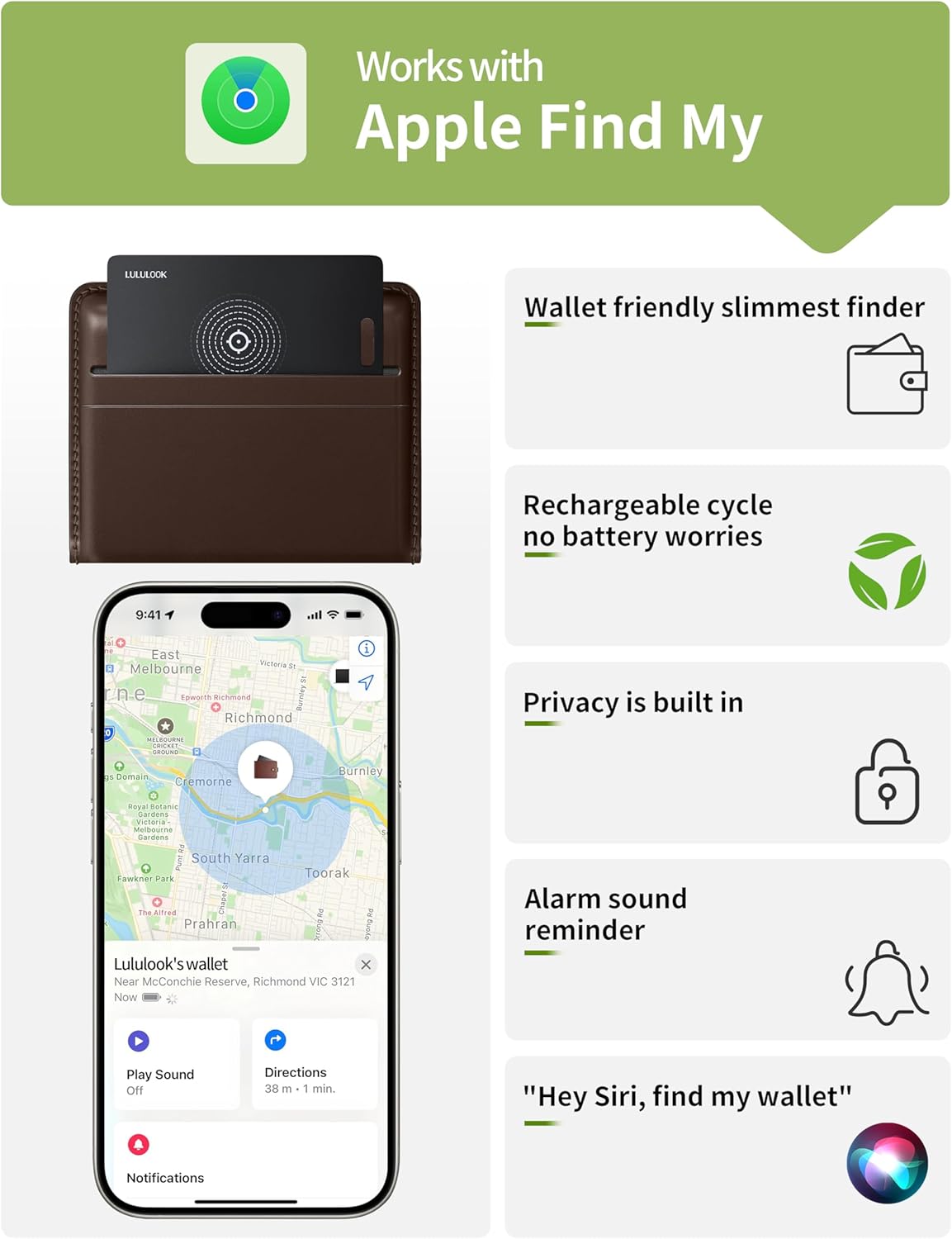 LULULOOK Wallet Tracker Card, Ultra Slim Airtag Wallet Works with Apple Find My (iOS Only), Wireless Rechargeable GPS Smartcard Tracker for Luggage, Tags, Passport, Purse, IP68 Waterproof, 1 Pack