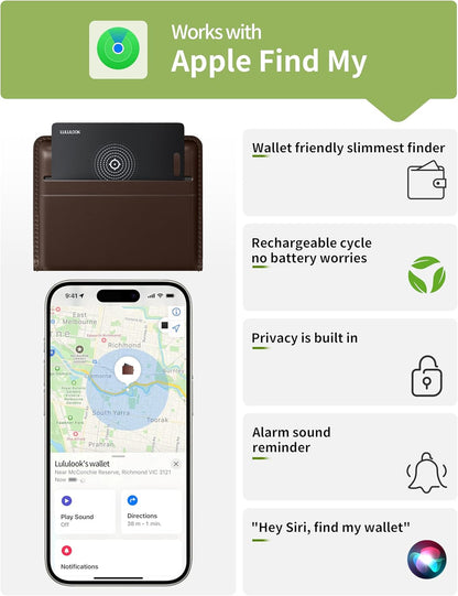 LULULOOK Wallet Tracker Card, Ultra Slim Airtag Wallet Works with Apple Find My (iOS Only), Wireless Rechargeable GPS Smartcard Tracker for Luggage, Tags, Passport, Purse, IP68 Waterproof, 1 Pack