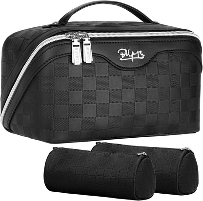 BOYATU Travel Makeup Bag Organizer Cosmetic Bag: 3 Pcs Set Make up Bags for Women with Handle - Waterproof Vegan Leather Toiletry Bags with Comparments (01-Black)