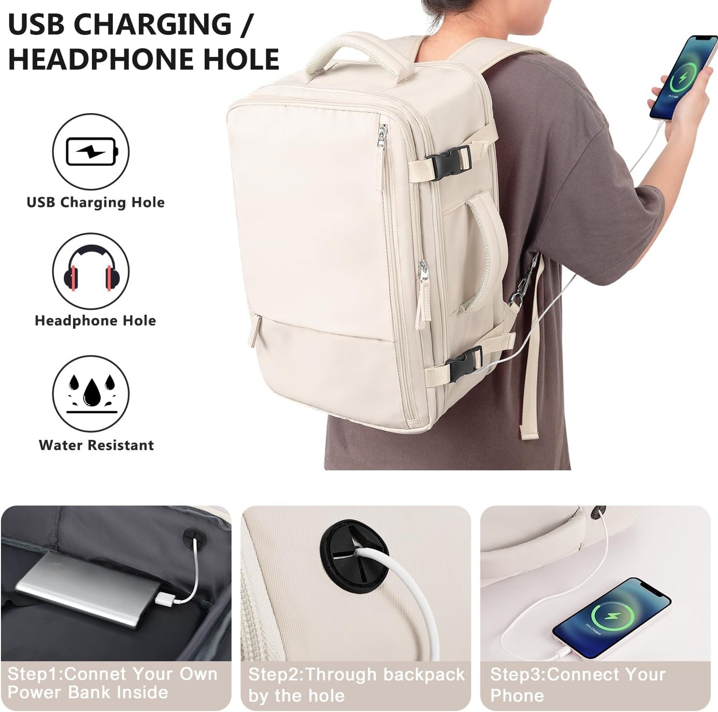 Travel Backpack for Women, Large Carry On Backpack for Travel, Waterproof Backpack Personal Item, Backpack for Women, laptop backpack 17.3 inch, College Bag Casual Daypack, Beige