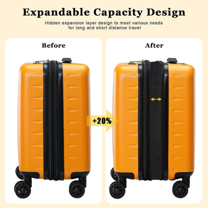 16 Inch Carry On Luggage Airline Approved, Expandable Lightweight ABS+PC Hard Shell Suitcases with 360° Spinner Wheels, TSA Lock, YKK Zippers (Orange, 1 PC)