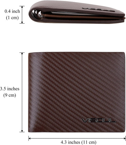 VISOUL Mens Carbon Fiber Leather Bifold Wallet with 2 ID Windows, RFID Blocking Stylish Wallet for Men with 2 Cash Compartments (Brown+Brown)