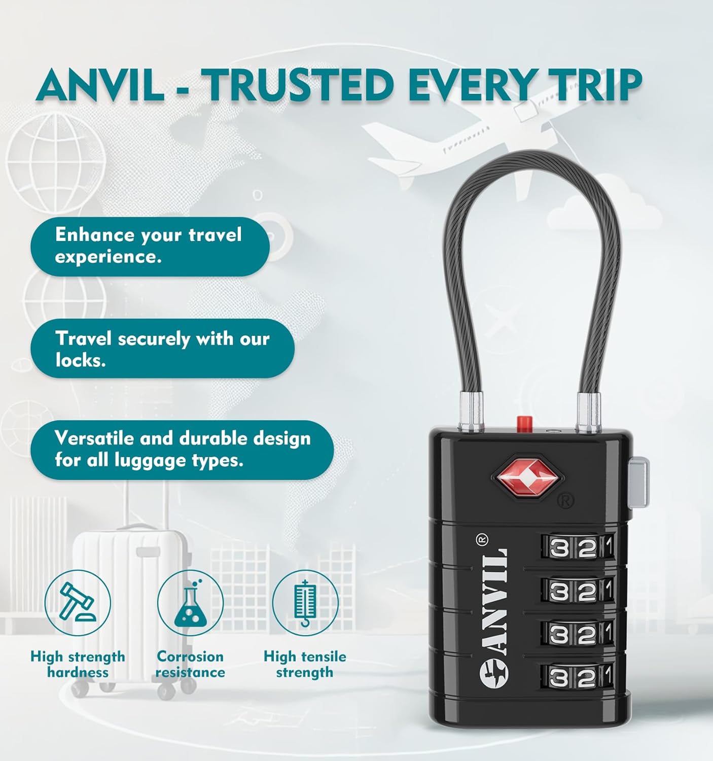 ANVIL 4 Digit Luggage Locks, TSA Locks for Luggage, Advanced TSA008 core, Alert Indicator for Your Travel Lock, Suitcase Lock. (2, Black)