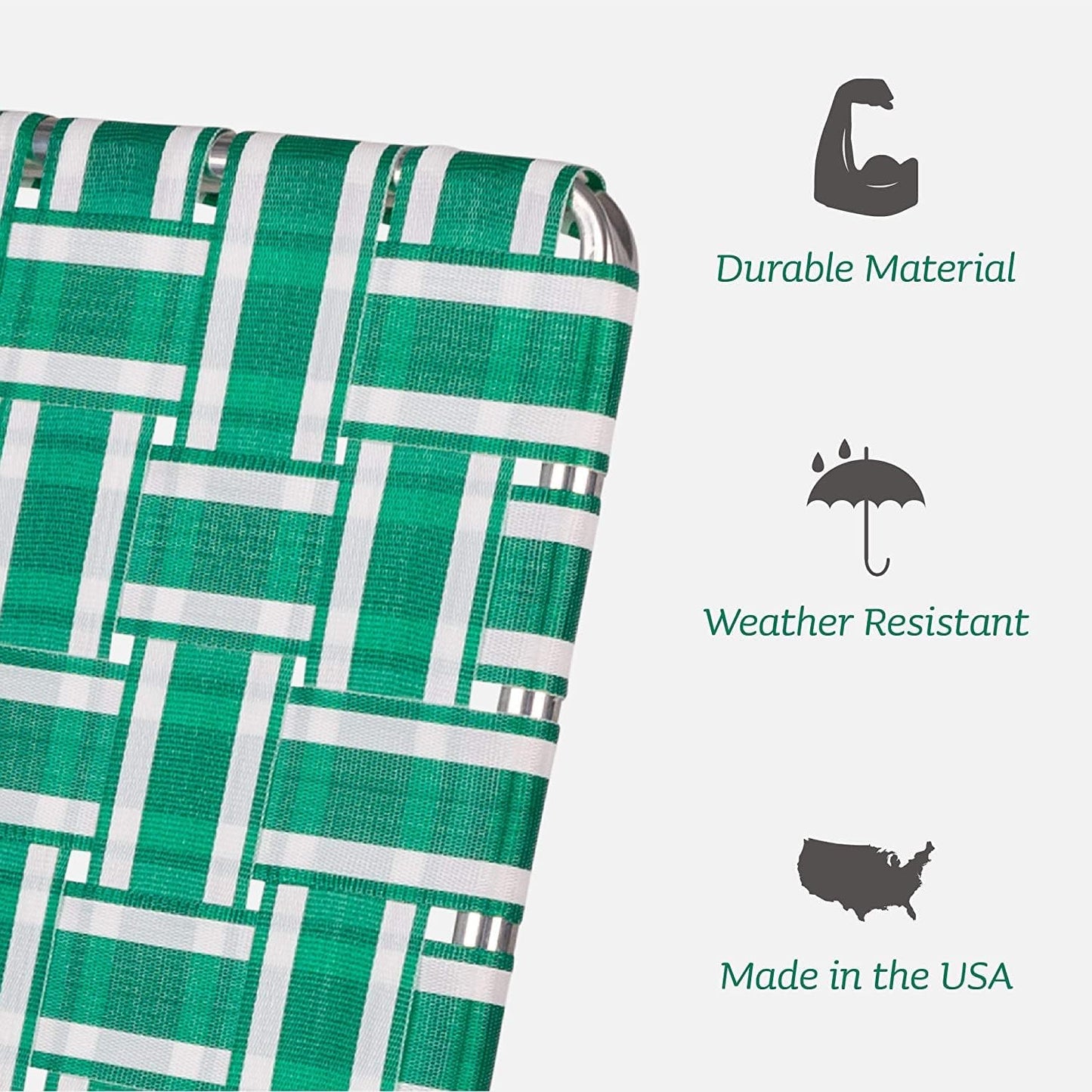Lawn Chair USA - Outdoor Chairs for Camping. Made with Lightweight Aluminum Frames and UV-Resistant Webbing. Folds for Easy Storage 2- Pack (Charleston with Green Arms, Classic)