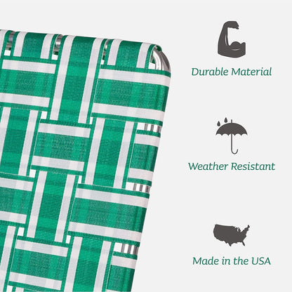 Lawn Chair USA - Outdoor Chairs for Camping. Made with Lightweight Aluminum Frames and UV-Resistant Webbing. Folds for Easy Storage 2- Pack (Charleston with Green Arms, Classic)
