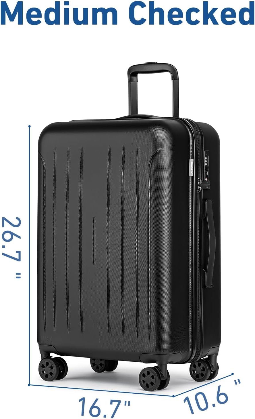 KYME Suitcase Hardshell With Double Spinner Wheels, PC+ABS TSA Lock Travel Luggage (Black, 24" Checked)