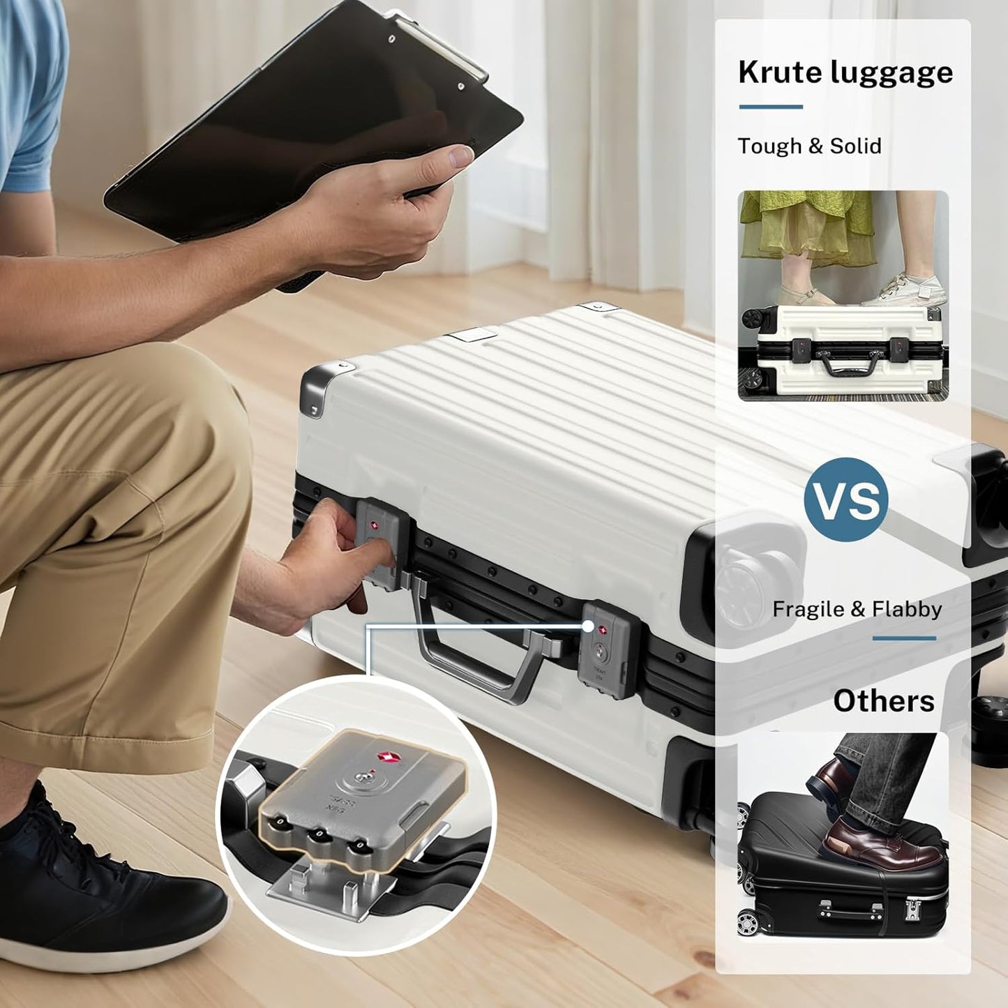 Krute Checked Aluminum Frame Suitcase 24 Inch Zipperless Luggages Hardside PC Luggage With Spinner Wheels TSA Lock USB Charger Suitcases(1 Piece)