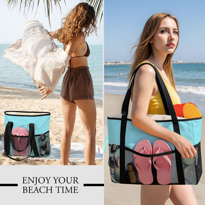 Sandproof Beach Bag with Zipper - 8-Pocket Waterproof Tote for Women & Family | Foldable Travel Swim Bag (Gift-Ready)