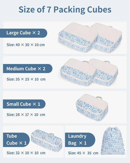 Narwey 7 Set Floral Packing Cubes for Travel Carry on Suitcase Luggage Organizer Bags for Kids Women Men, Durable Packing Organizers Bag, Travel Essentials Accessories (Little Blue Flower)