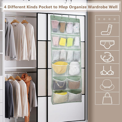 Over the Door Organizer with 4 Kinds of Pockets,Behind Door Shoes Rack,Back of Closet Storage Organization for Socks,Hat,Underwear,Luggage Packing,Hanging Holder Shelf in Home Dorm,Travel,Green