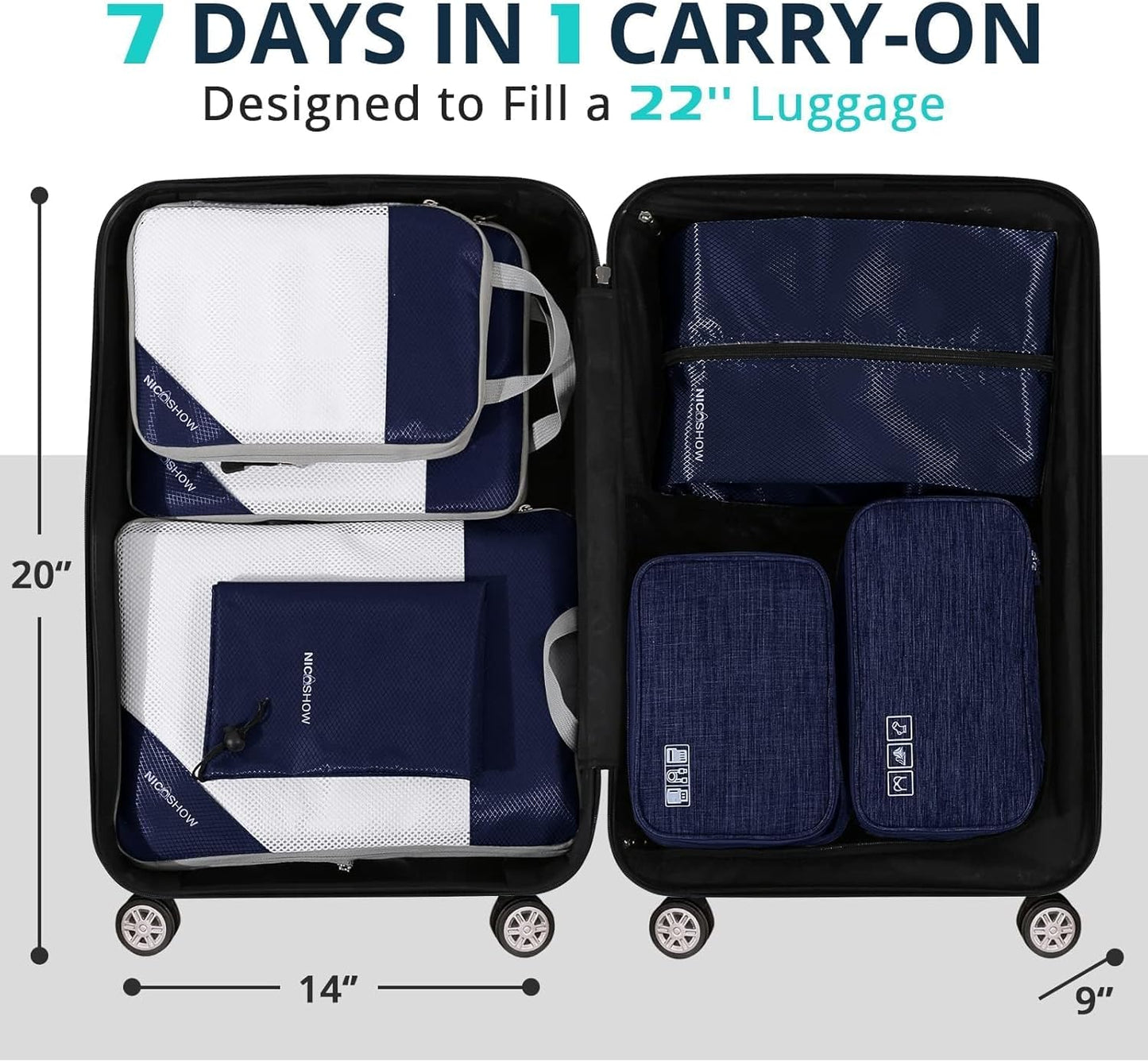 7 Set Compression Packing Cubes for Travel - Compressible, Lightweight, and Space-Saving Packing Cubes, Travel Essentials for Women, Navy