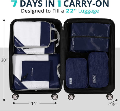 7 Set Compression Packing Cubes for Travel - Compressible, Lightweight, and Space-Saving Packing Cubes, Travel Essentials for Women, Navy