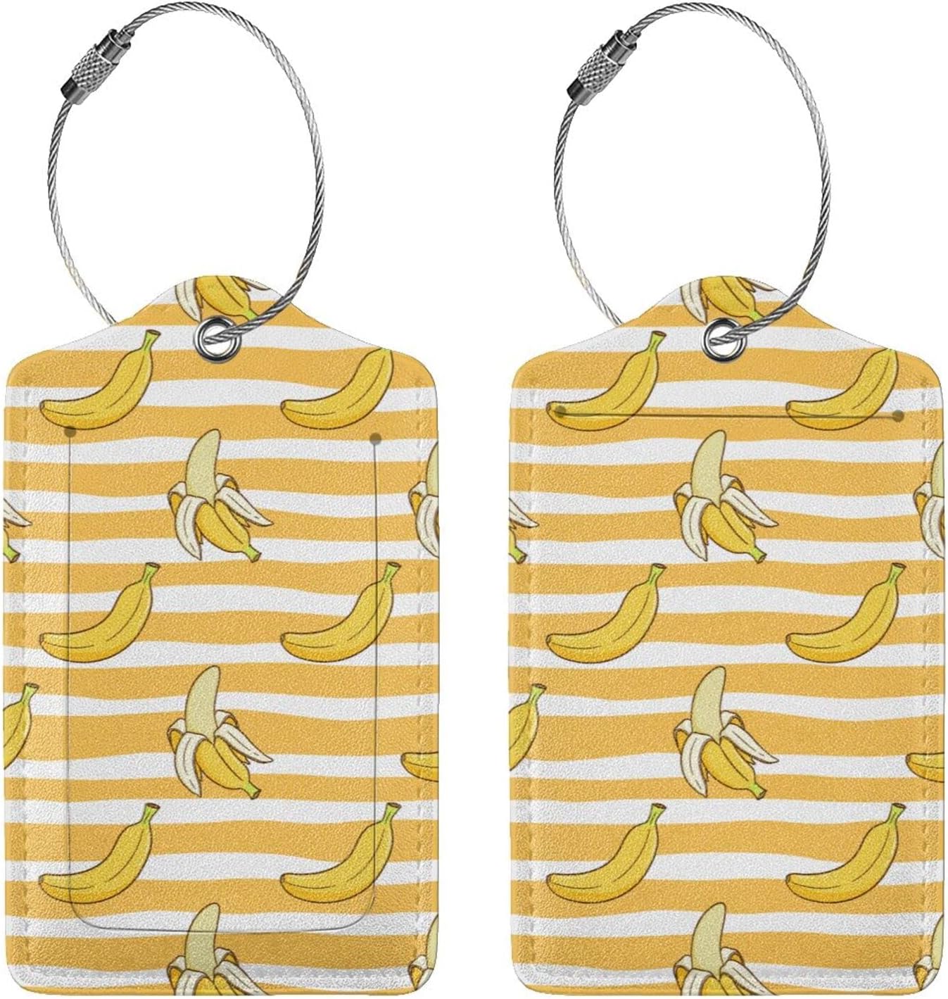 2 Packs Bananas Crew Luggage Tag for Adult Kids, Cute Yellow Background Fruit Suitcase Tag Labels Leather Travel Baggage Identifiers Tags with Full Back Privacy Name ID Card