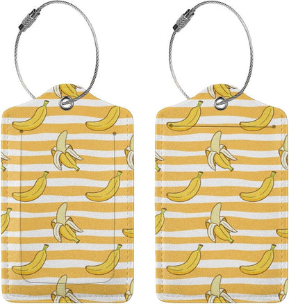 2 Packs Bananas Crew Luggage Tag for Adult Kids, Cute Yellow Background Fruit Suitcase Tag Labels Leather Travel Baggage Identifiers Tags with Full Back Privacy Name ID Card
