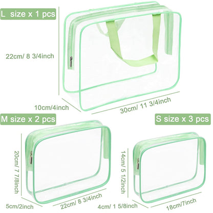 APREUTY Clear Makeup Bags, TSA Approved 6 Pcs Cosmetic Makeup Bags Set Clear PVC with Zipper Handle Portable Travel Luggage Pouch Airport Airline Vacation Organization (Green)