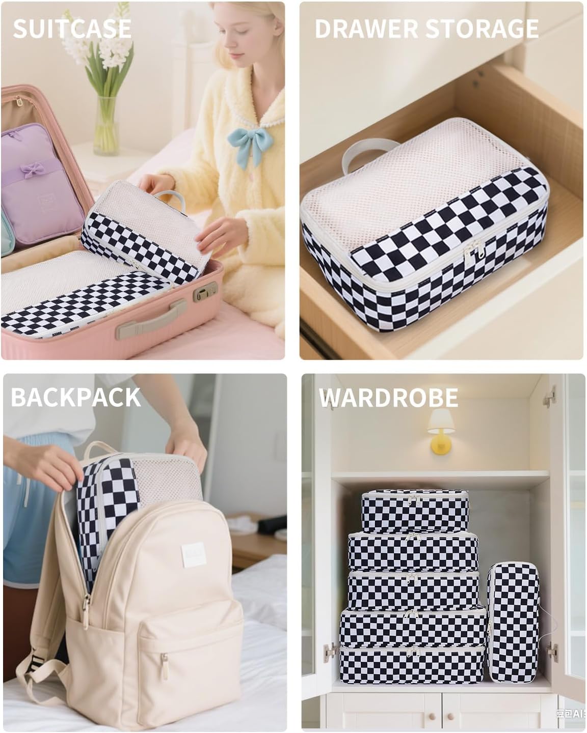 Narwey 7 Set Checkered Packing Cubes for Travel Carry on Suitcase Luggage Organizer Bags for Kids Women Men, Durable Packing Organizers Bag, Travel Essentials Accessories (Black Checkerboard)