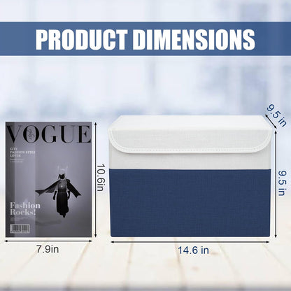 Large 22 Quart Linen Fabric Foldable Storage Bin Cube Organizer Basket with Flip-Top Lid & Handles, Clothes Blanket Box for Home, Office, Closet, Navy Blue & White, 4 Pack 14.6 x 9.5 x 9.5
