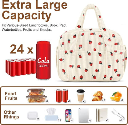 Corduroy Lunch Box Lunch Bag for Women Adults Men, Cute Strawberry Insulated - Image 2