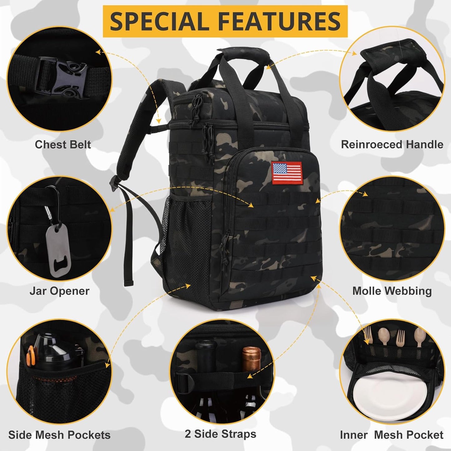 Tactical Backpack Cooler,Lunch Backpack for Men Adults Work with Handle，Soft Cooler Backpack Insulated Waterproof Leak Proof