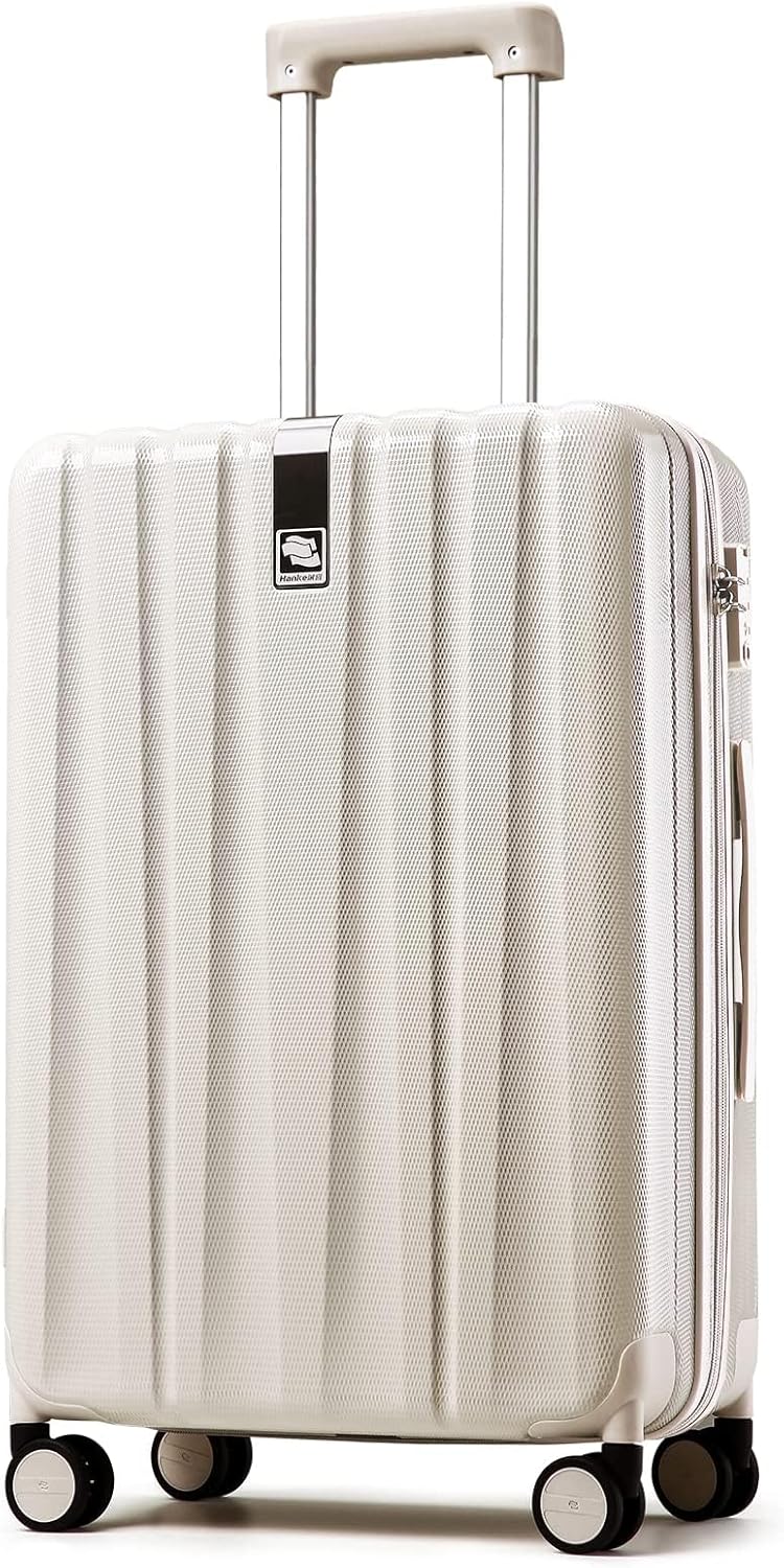 Hanke 24 Inch Luggage Suitcases With Spinner Wheels Lightweight PC Hard Shell Rolling Suitcase With Travel Lock,Checked-Medium 24-Inch(Ivory White)