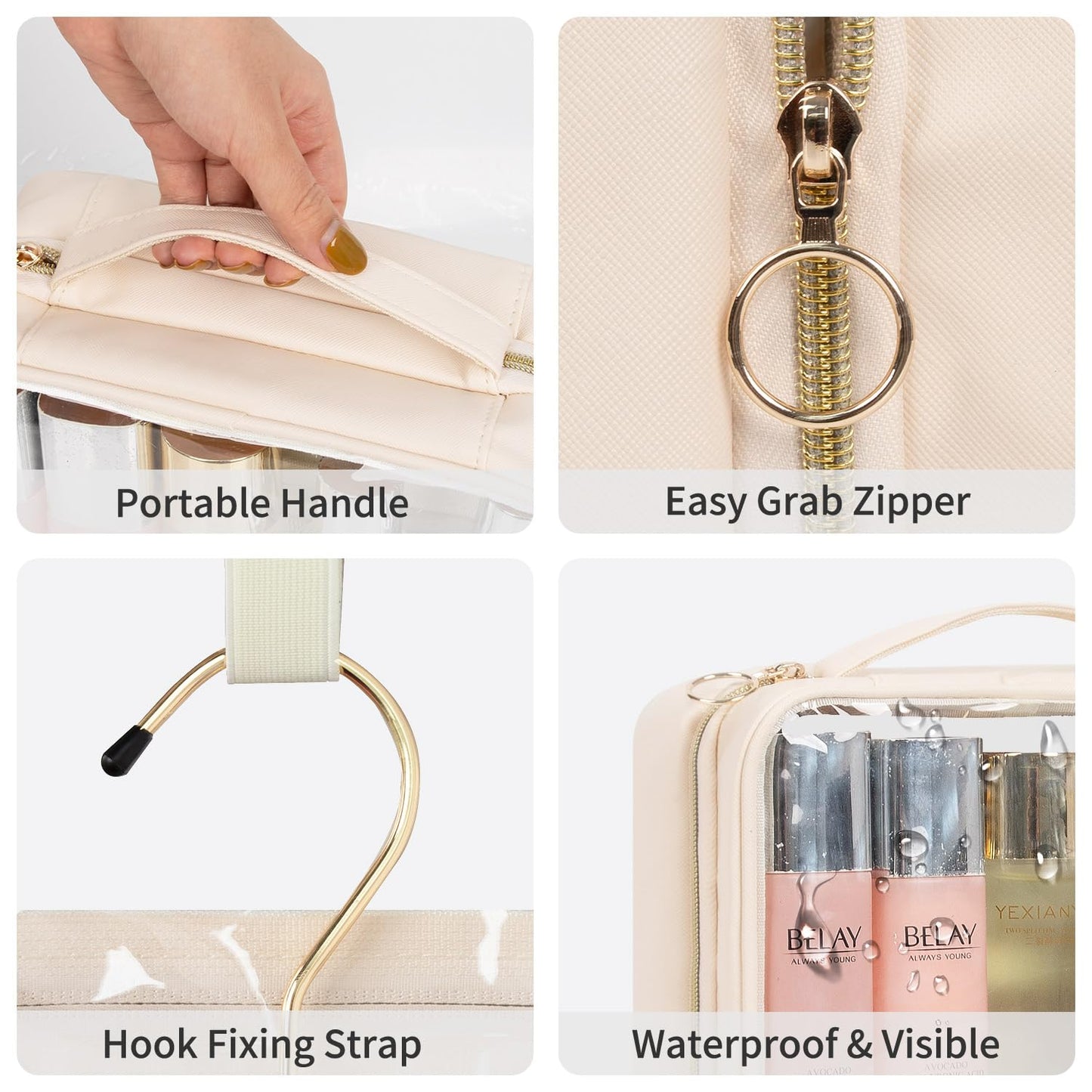 CUBETASTIC Clear Makeup Bags, Travel Make Up Organizer Storage Case, Hanging Toiletry Bag with Zipper Compartment, Small Travel Bag for Toiletries Portable Cosmetic Skincare Pouch with Handle