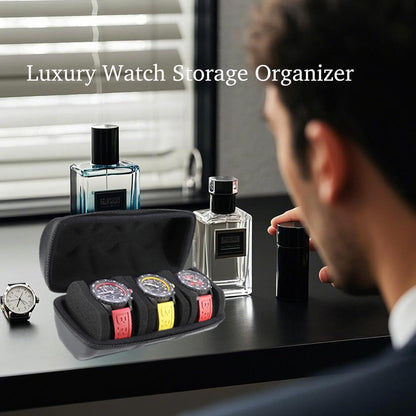 Juntan 3 Slots Hard Watch Travel Case, Portable PU Leather Zipper Storage Organizer Box for Men Women with Soft Compressible Foam Pillow Black