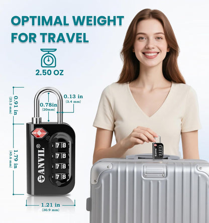 ANVIL TSA Approved Luggage Lock - 4 Digit Combination, 10,000 Combinations, Easy-Read Password Window, Travel Lock for Suitcases, Backpacks, Gym & Student Lockers, Baggage