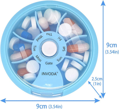 INVODA Weekly Pill Organizer 7 Compartment Rotating Pill Box for Daily Medication & Vitamins - Portable Travel Pill Case Fish Oil Supplements Vitamins Organizer (Sky Blue)