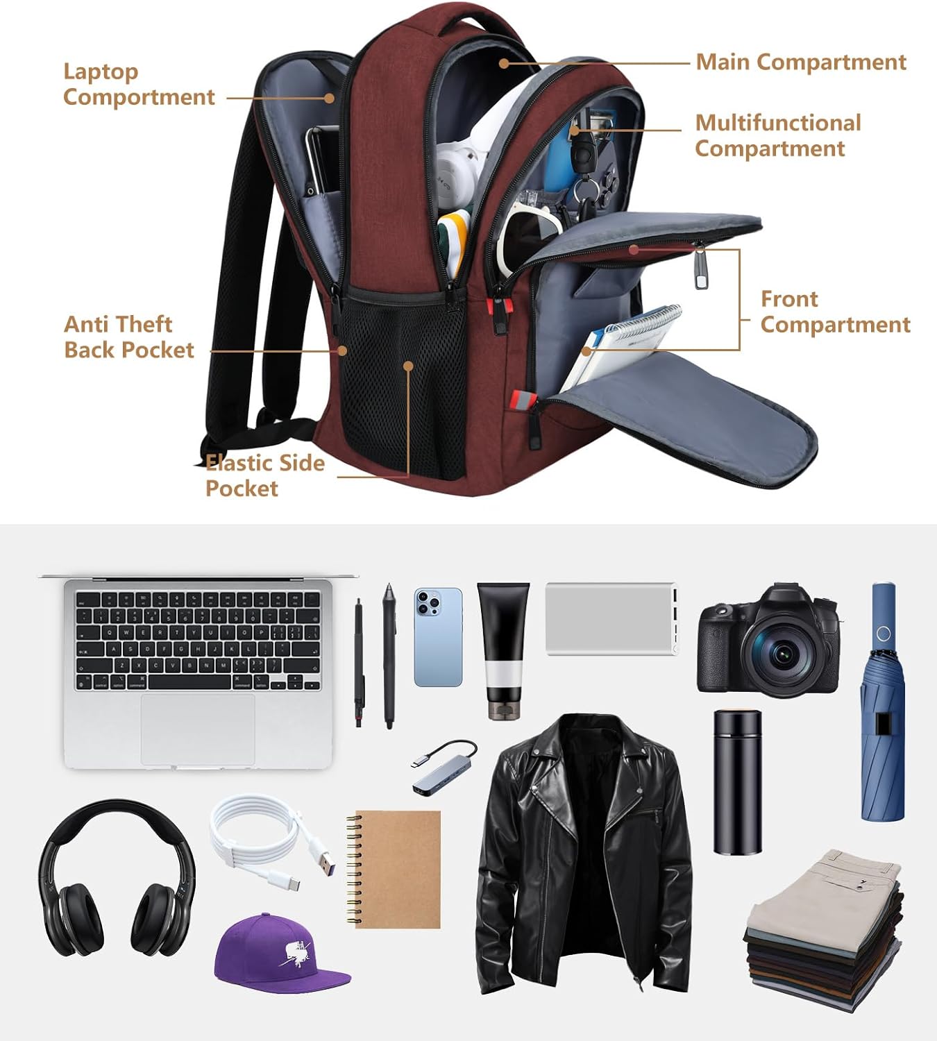 Backpack for Women Men, Travel School Backpacks for Teen Boys, Bookbag with USB Charging Port, Anti Theft College Backpack Fits 15.6 Inch Laptop, Casual Work Business Back Pack, Red