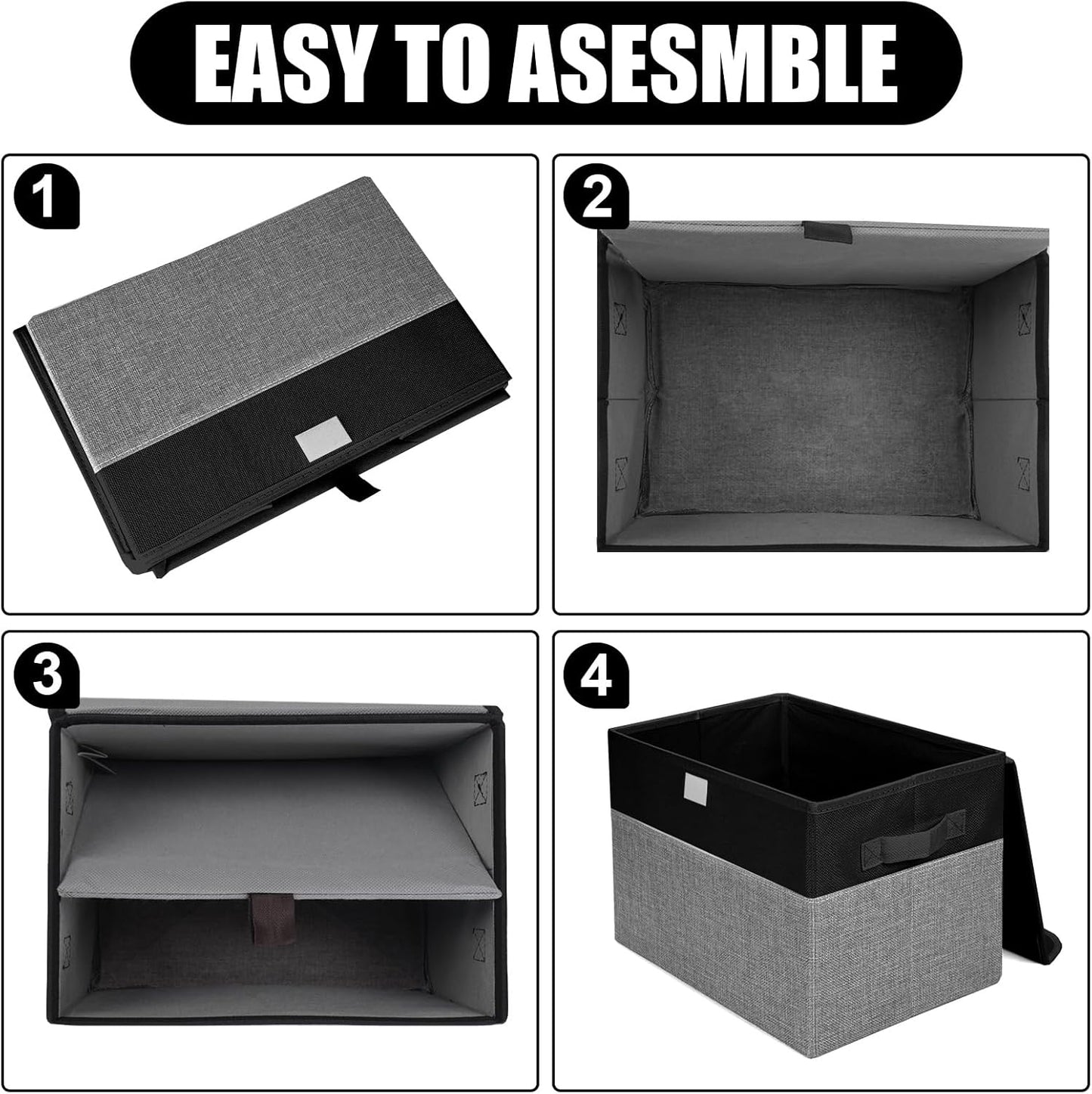 Large 22 Quart Linen Fabric Foldable Storage Bin Cube Organizer Basket with Flip-Top Lid & Handles, Clothes Blanket Box for Home, Office, Closet, Black & Gray, 4 Pack 14.6 x 9.5 x 9.5