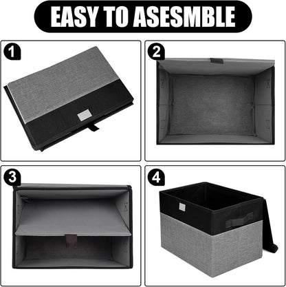 Large 22 Quart Linen Fabric Foldable Storage Bin Cube Organizer Basket with Flip-Top Lid & Handles, Clothes Blanket Box for Home, Office, Closet, Black & Gray, 4 Pack 14.6 x 9.5 x 9.5